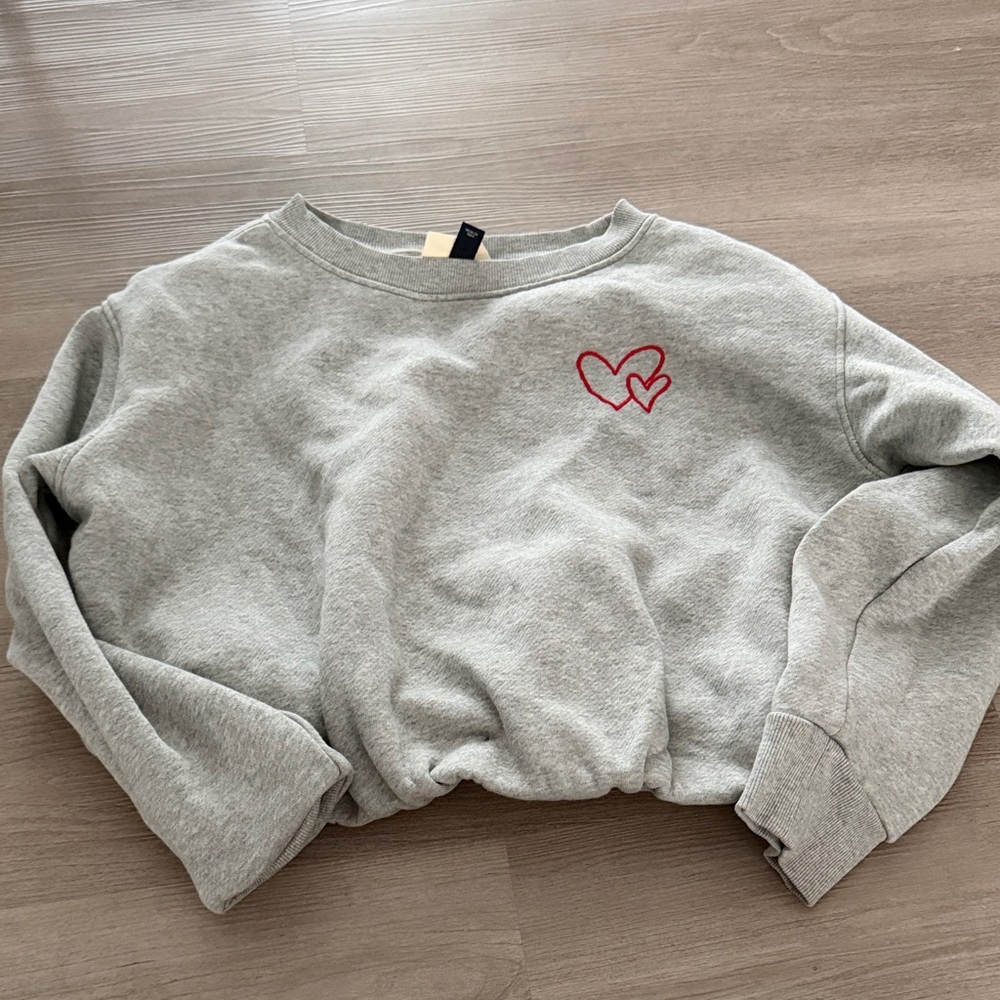 Gray Sweatshirt with Heart Embroidery